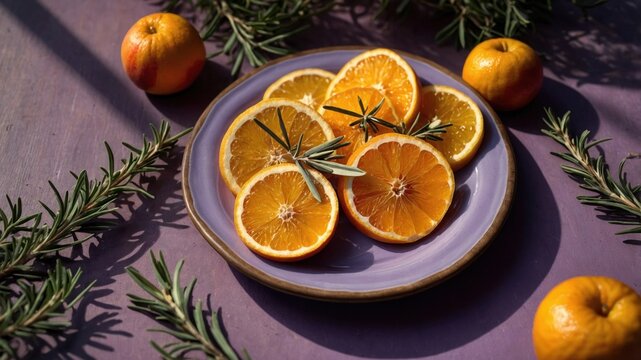 Freshly sliced oranges arranged on a purple plate, surrounded by rosemary and whole oranges