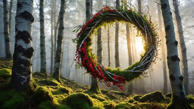 Enchanted forest scene featuring a circular wreath of twigs and berries, illuminated by sunlight
