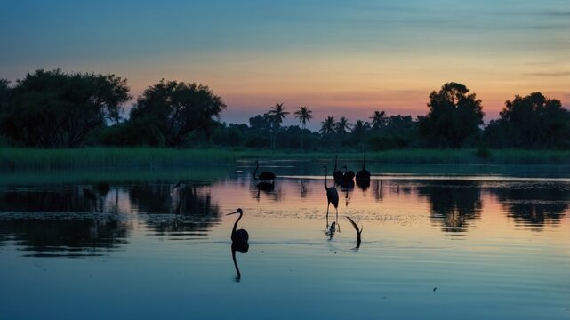 Serene sunset over a tranquil wetland with elegant birds wading through the calm waters