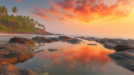 Obraz premium Serene Beach Landscape with Tide Pool and Sunset Reflection Over Rocks