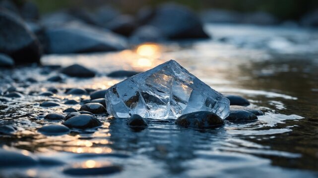 Crystal-clear ice block resting on smooth pebbles in a serene river at sunset, reflecting warm light