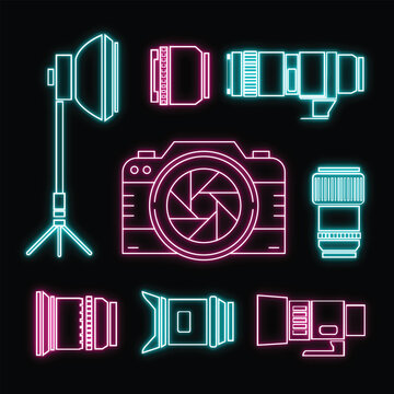 Professional DSLR camera and studio lighting equipment neon icons set with glowing cyan and pink line art on black background