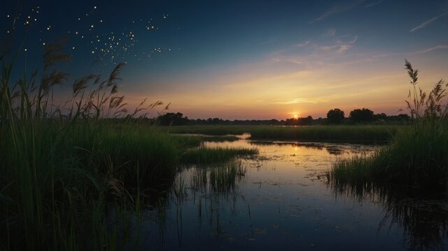 Serene sunset over a tranquil lake surrounded by lush greenery and gentle rippling water