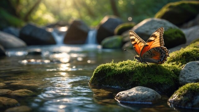A vibrant butterfly resting on moss-covered rocks by a serene stream in a lush forest setting