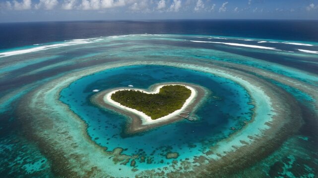 Aerial view of a heart-shaped island surrounded by vibrant turquoise waters and coral reefs