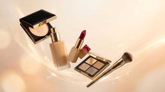Set of luxury makeup products including foundation bottle lipstick powder palette and cosmetic brushes. high-end makeup sale