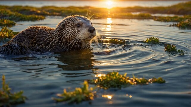 Playful otter swimming in a serene wetland at sunset, surrounded by lush greenery and gentle waves