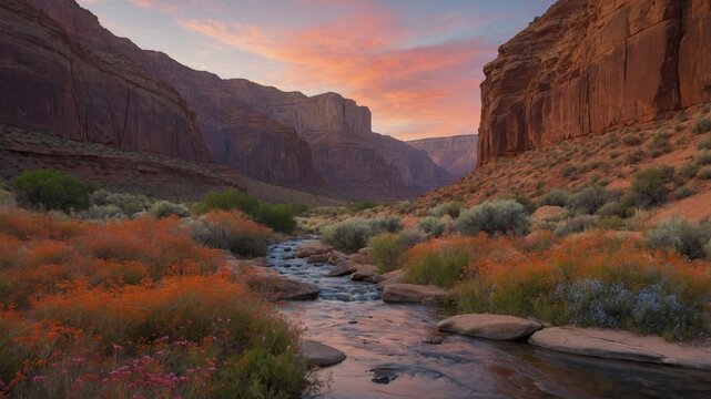 Serene sunset over a vibrant valley with a winding stream surrounded by blooming wildflowers