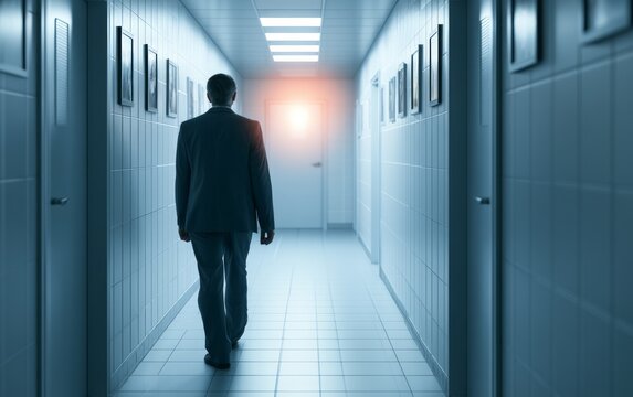 Professional Operator Walking Away in a Quiet Hallway of a Crematorium