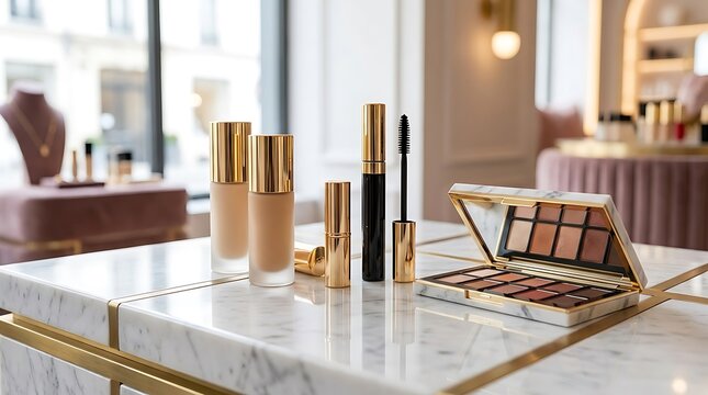 Luxury makeup products with foundation bottles and eyeshadow palette on a marble table in a beauty shop. high-end makeup sale
