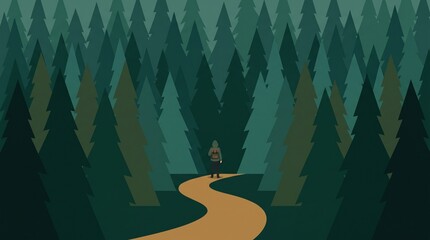 A solitary backpacker stands on a winding path leading into a dense coniferous pine forest © Nabil