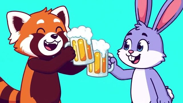 A cute red panda and purple rabbit toasting with frothy beer mugs