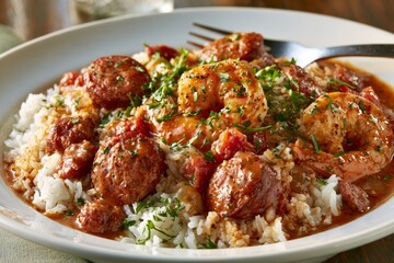 Fototapeta premium Hearty bowl showcases savory rice and meat dish wholesome meal in bowl contains grains and protein mix