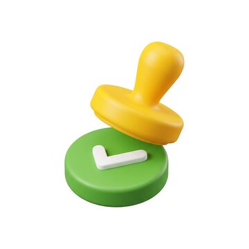 3D render of a yellow rubber stamp with a green checkmark symbol checkmark approval verified validation