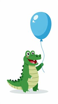 Cute cartoon alligator holding a blue balloon, cheerful, playful, simple pixel art, isolated on white