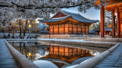 Obraz premium Tranquil Night Scene of Cherry Blossom Near Korean Palace Reflections