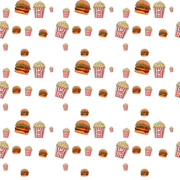 Seamless pattern featuring juicy cheeseburgers and striped popcorn buckets on a white background. Perfect for cinema themes, fast food branding, packaging, textiles, wallpaper, and digital design