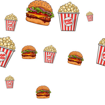 Seamless pattern featuring juicy cheeseburgers and striped popcorn buckets on a white background. Perfect for cinema themes, fast food branding, packaging, textiles, wallpaper, and digital design