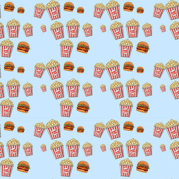 Seamless pattern featuring juicy cheeseburgers and striped popcorn buckets on a light blue background. Perfect for cinema themes, fast food branding, packaging, textiles, wallpaper, and digital design
