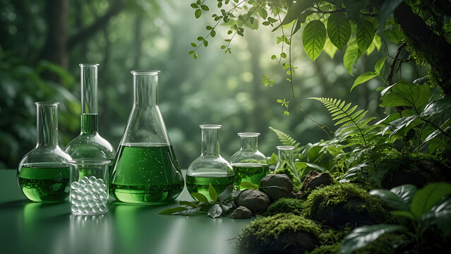 Botanical Research Glassware in Forest | Green Liquid Flasks and Fresh Leaves | Eco Science and Natural Product Innovation