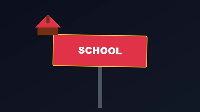 School sign directional animation: minimalist flat for educational projects and campus wayfinding 4k
