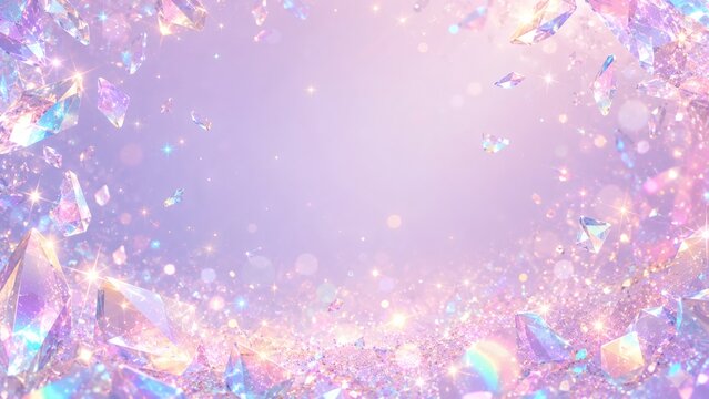 Shimmering Crystals Border: A border composed of shimmering, iridescent crystals and sparkling lights creates a magical, ethereal atmosphere with soft pastel colors and a dreamy bokeh effect.