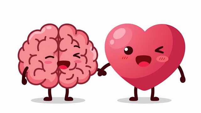 Cute pixel art brain and heart characters holding hands, representing balance between logic and emotion, a whimsical friendship