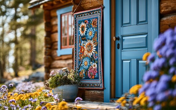 Festive Norwegian Bunad Textile Hanging by Colorful Flower Garden