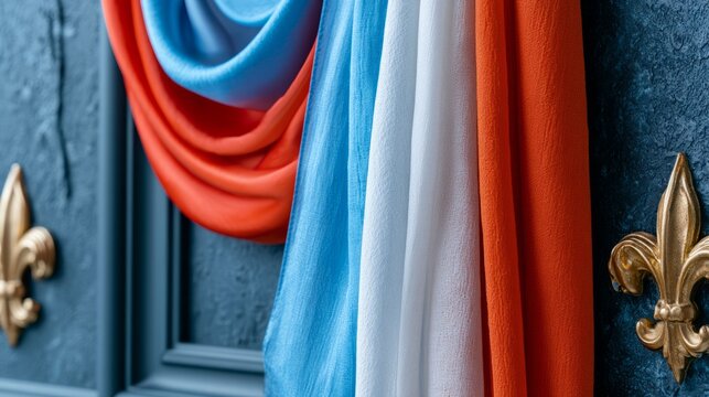 Luxurious French Drapery in Deep Navy and Vibrant Tricolor Fabric Backdrop