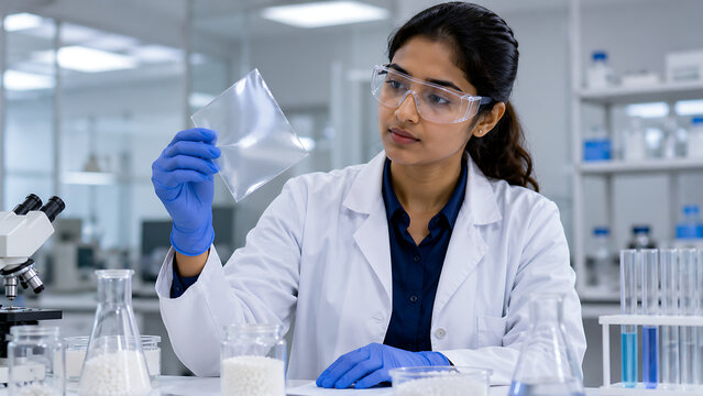 Scientist Inspecting Transparent Lab Sample | Female Researcher Holding Clear Test Material | Laboratory Quality Control and Biotechnology Analysis