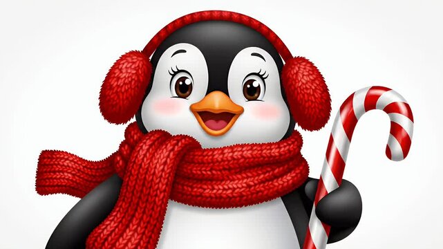 Cute cartoon penguin character wearing red scarf and earmuffs holding candy cane, christmas celebration, holiday season