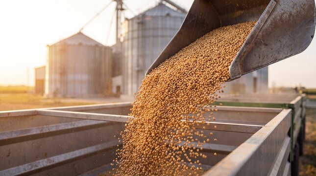 Pouring Harvested Soybeans into a Trailer at a Farm