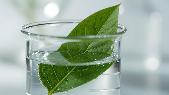 Green Leaf in Glass Beaker of Water | Botanical Science Laboratory Close Up | Natural Research and Plant Extract Concept