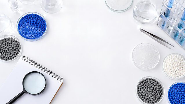 Plastic Pellets and Lab Testing Materials | Polymer Granules for Manufacturing Research | Material Science and Recycling Concept