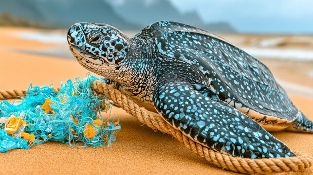 Large leatherback sea turtle entangled in plastic rope on sandy beach