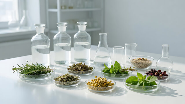 Herbal Ingredients and Laboratory Glassware | Natural Medicine Research With Seeds and Plants | Botanical Extract Formulation Workspace