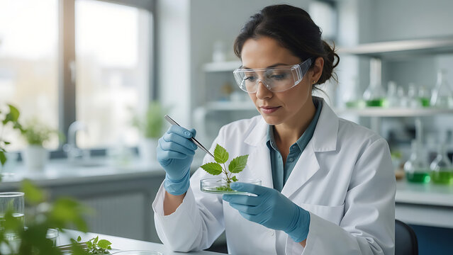 Scientist Studying Plant Growth in Laboratory | Female Researcher Examining Seedling Sample | Botanical Biotechnology and Sustainable Agriculture Research
