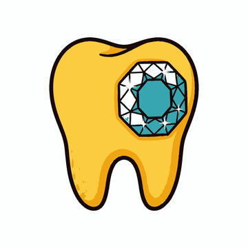 Cartoon tooth with diamond crown vector icon, cute dental care illustration in yellow and blue, oral hygiene logo graphic for dentistry branding