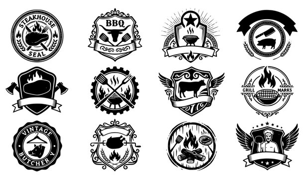 Vintage BBQ Grill and Steakhouse Logo Vector Set for Barbecue Restaurant Branding, Meat Butcher Shop, Outdoor Cooking, and Food Badges