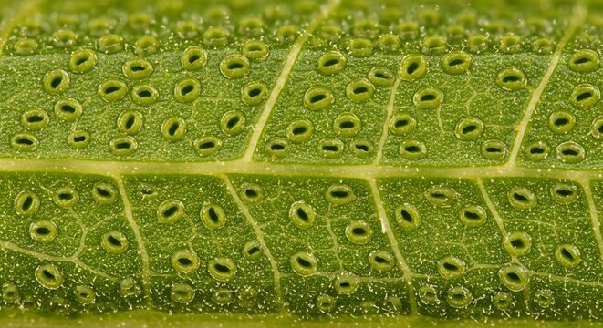 Macro view of green plant leaf showing stomata and cellular structure