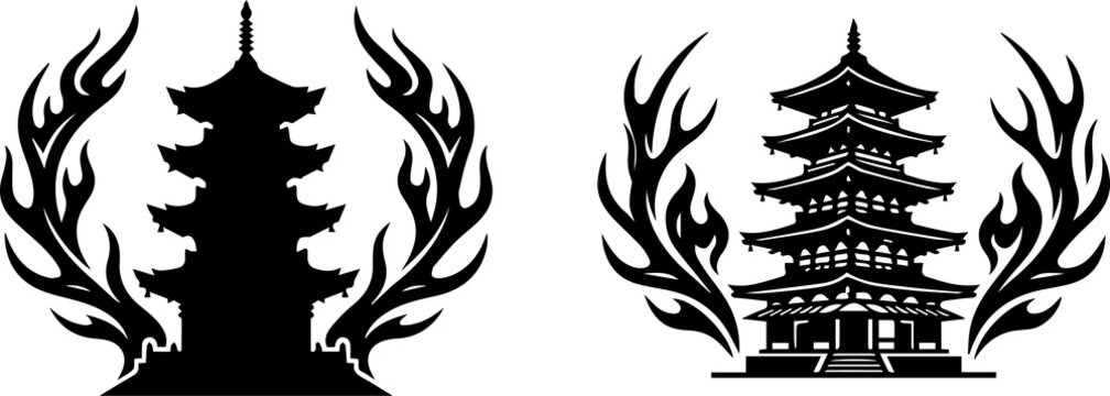 Japanese pagoda with flame design black silhouette vector illustration