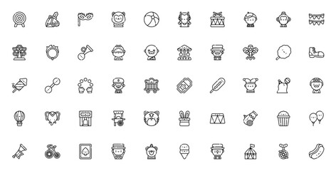 Circus icon set. Vintage 1889 vector icons pack. Minimalist line art. Includes bullseye, horse, lion, trapeze, drum, mime, monkey, ferris wheel, clown, tent, balloon, cannon, magician, elephant, unicy © wang