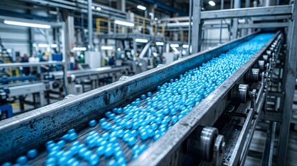 Fototapeta premium Blue pills moving on a conveyor belt in a modern pharmaceutical factory