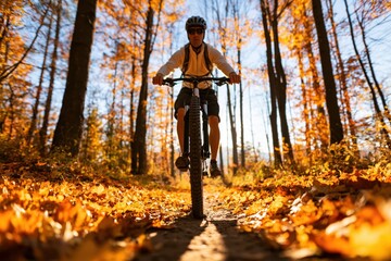 Fototapeta premium Biking on a forest path during autumn while cycling on a mountain sport outdoors