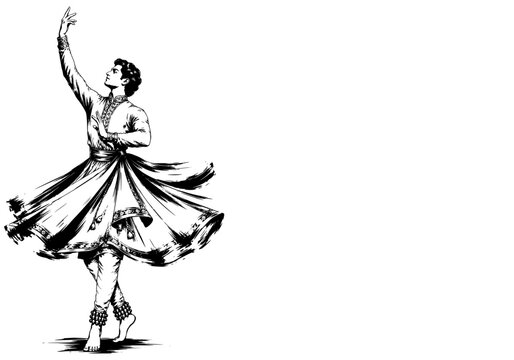 A Kathak dancer frozen between two chakkars the transitional moment of stillness one arm reaching upward