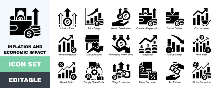 Inflation Icon Pack Featuring Inflation Rate, Price Surge, Wealth Devaluation, Currency Depreciation, Capital Outflow, Cost Increase, Revenue Growth, Market Growth