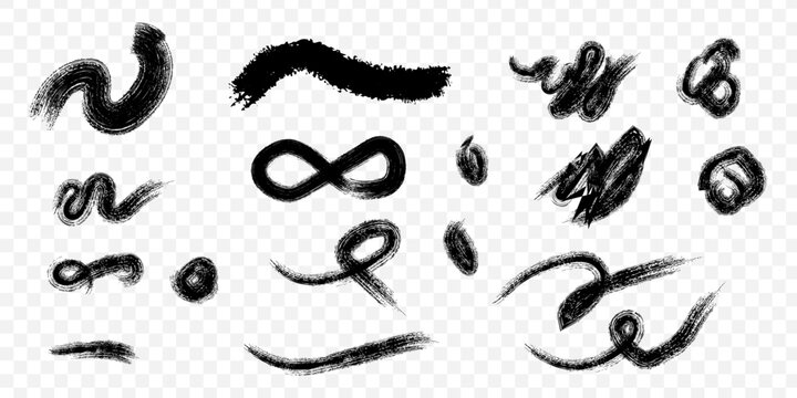 Hand-drawn abstract swirls and curls vector set. Black ink line art flourishes and decorative strokes collection.