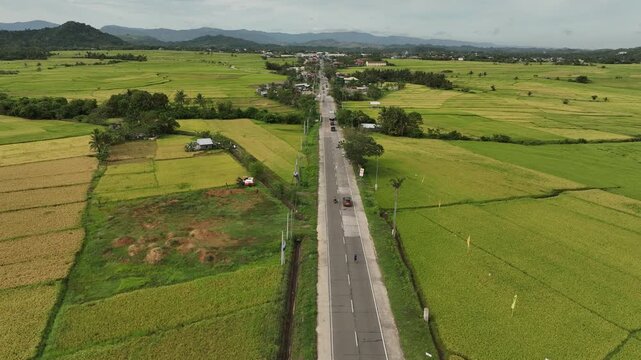 Forward Aerial Flight Over Highway Through Rural Rice Fields in Gonzaga, Cagayan