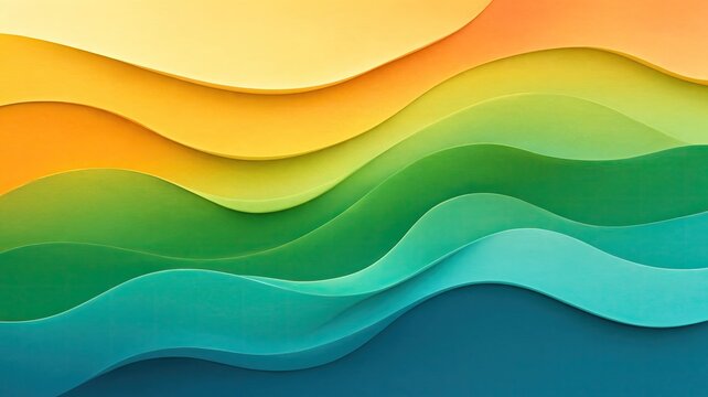 Vibrant layered paper art with a rainbow gradient creating a flowing wave like abstract background