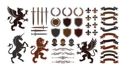 Medieval heraldic elements collection set with griffin unicorn lion swords shields ribbons knight helmets laurels fleur de lis symbols vectorsPrint © moinul